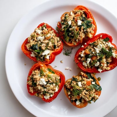 Tender roasted peppers stuffed with Mediterranean seasoned chicken mixture, fresh herbs, and crumbled feta
