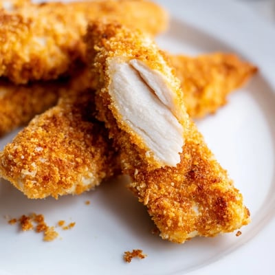 Crispy Air Fryer Chicken Tenders served with ranch dipping sauce on a wooden board