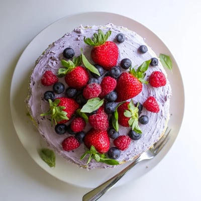 Slice of berry basil cake on white plate decorated with raspberries and green basil leaves