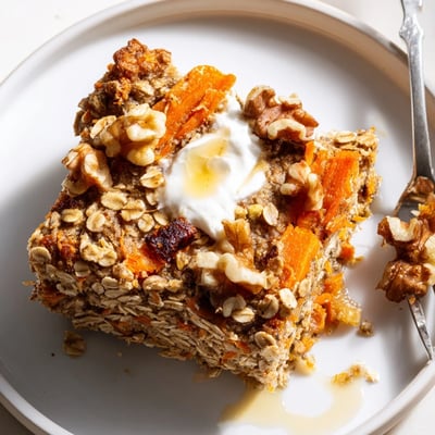 Moist Carrot Cake Baked Oatmeal studded with walnuts, served with yogurt