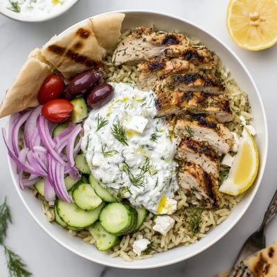 Bright Greek Chicken Bowls, herbed rice, cherry tomatoes, cucumber, creamy feta dollop