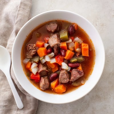 Hearty beef and bean soup delight simmered with kidney beans carrots celery and aromatic spices in a deep soup pot