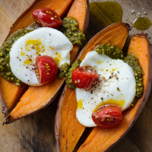 Stuffed Sweet Potatoes with Burrata and Pesto