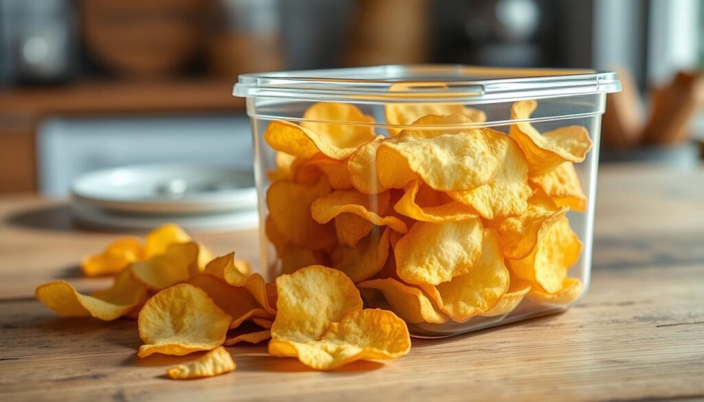 Homemade potato chips stored in an airtight container