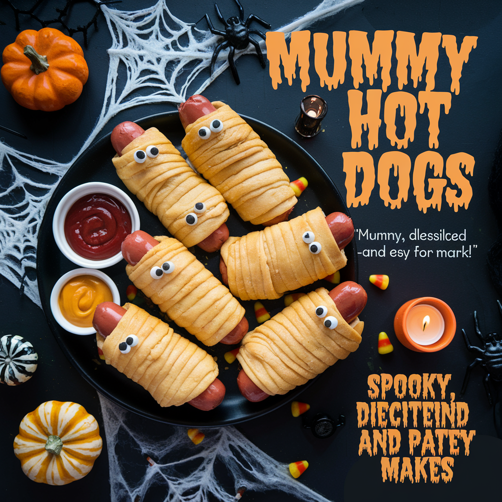 hot dogs wrapped in dough with eyes and ketchup on a black plate